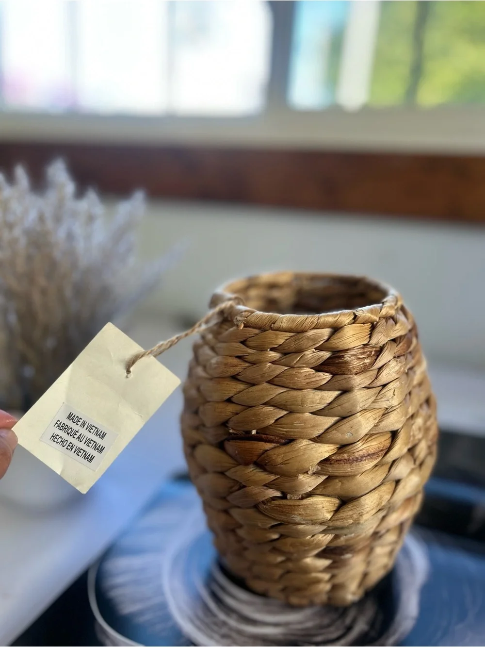 Natural Woven Accent Vase - Brown Small Rattan Vase for Flowers, Rustic Deco